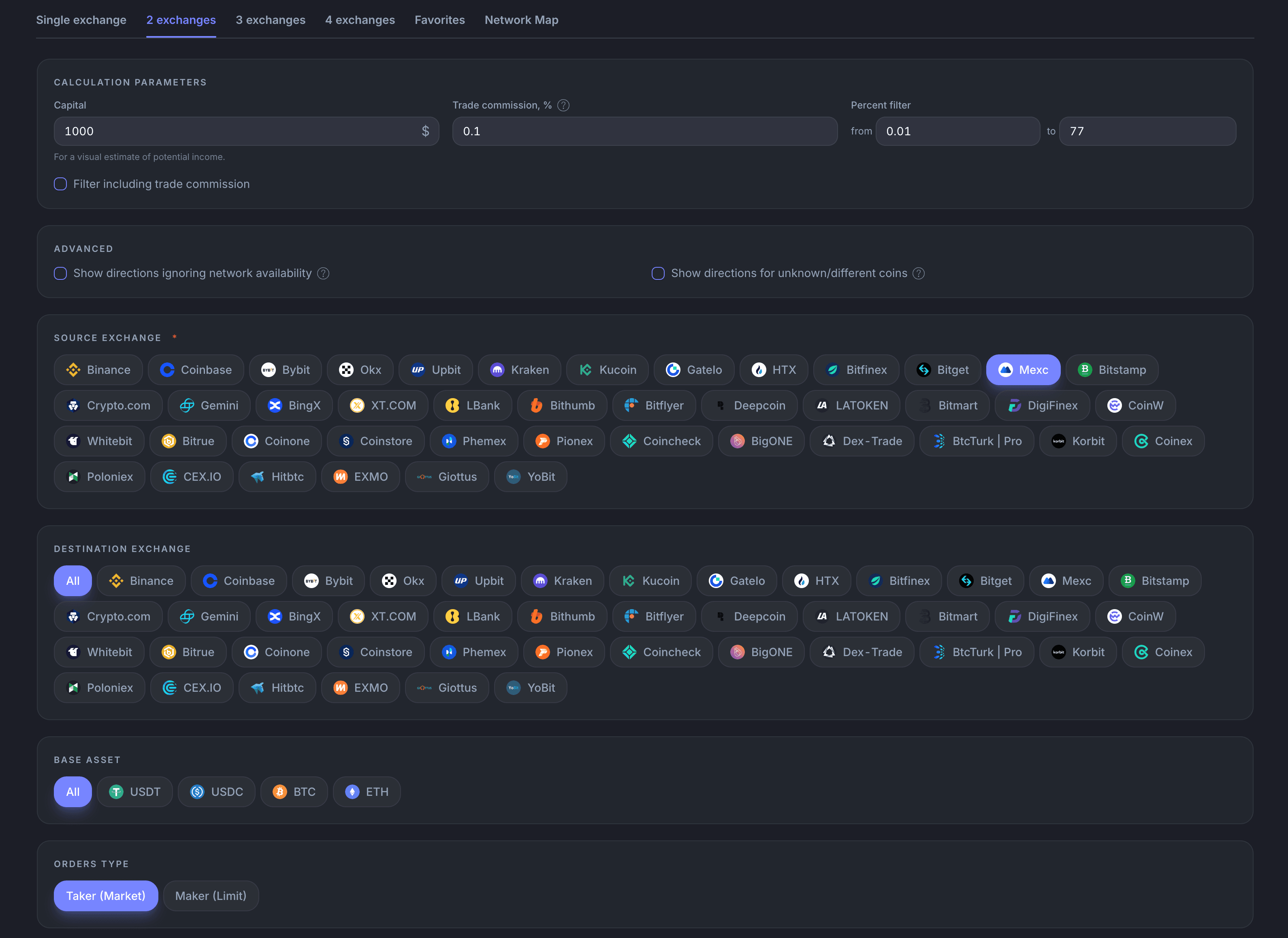 CEX Arbitrage filters: capital, trade commission, profit range, source and destination exchanges, base asset and order type