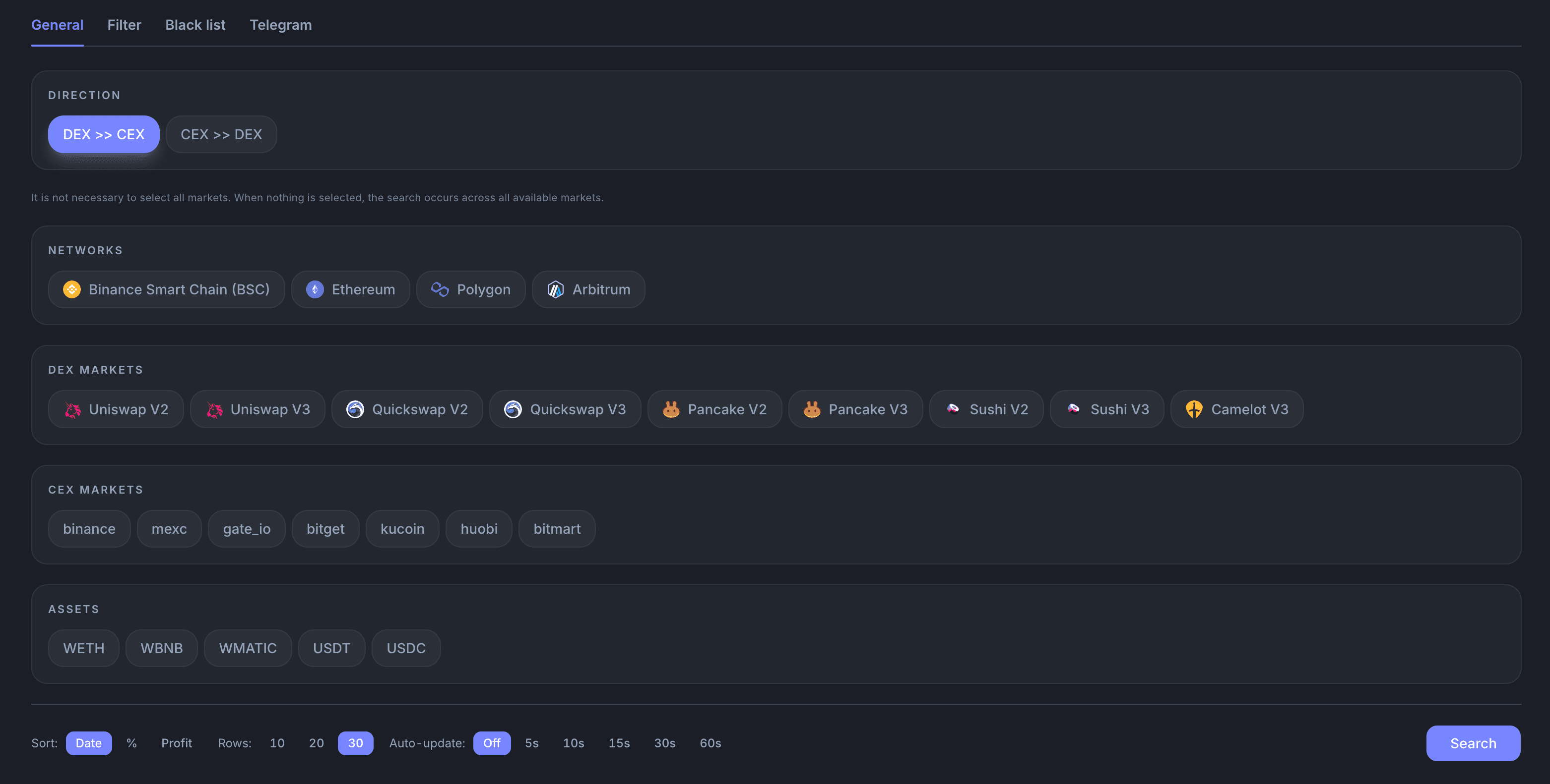DEX/CEX Arbitrage filters: direction, networks, DEX and CEX markets, assets, sorting and auto-update