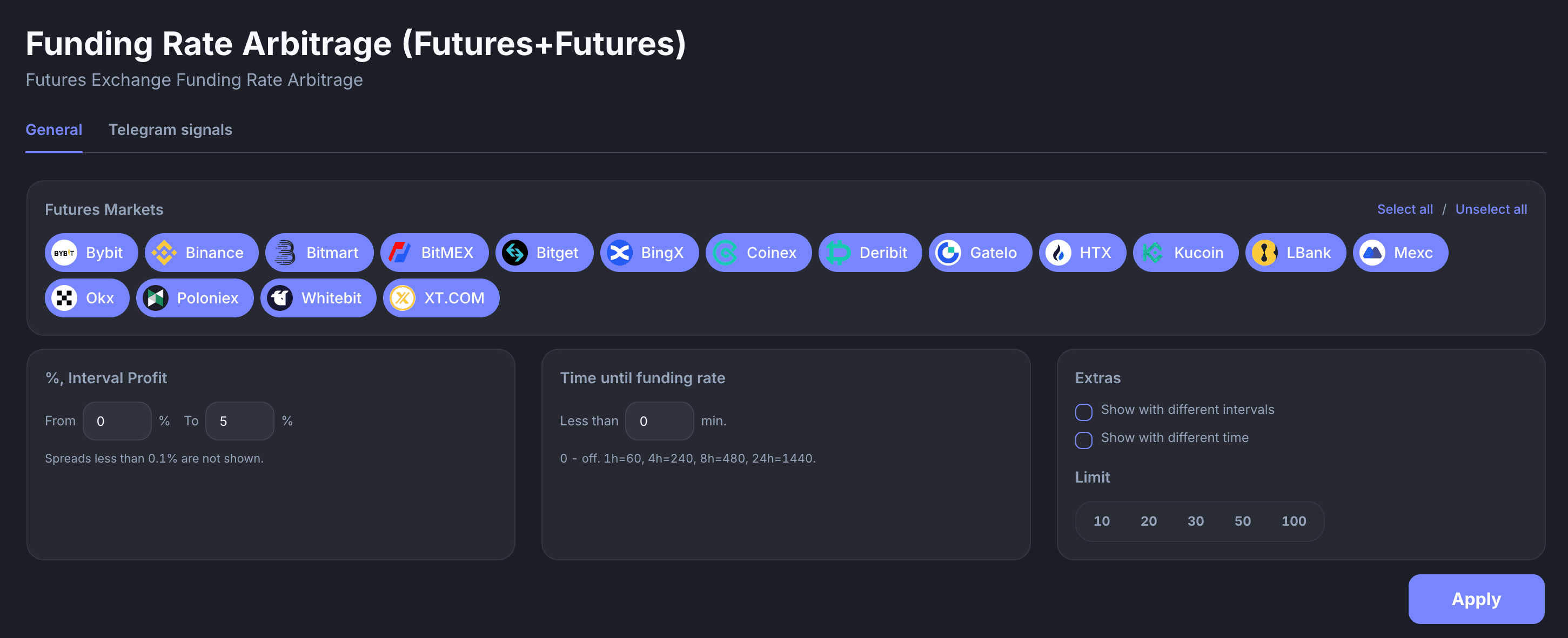 Funding Rate Arbitrage filters: exchange selector, interval profit range, time until funding and extras